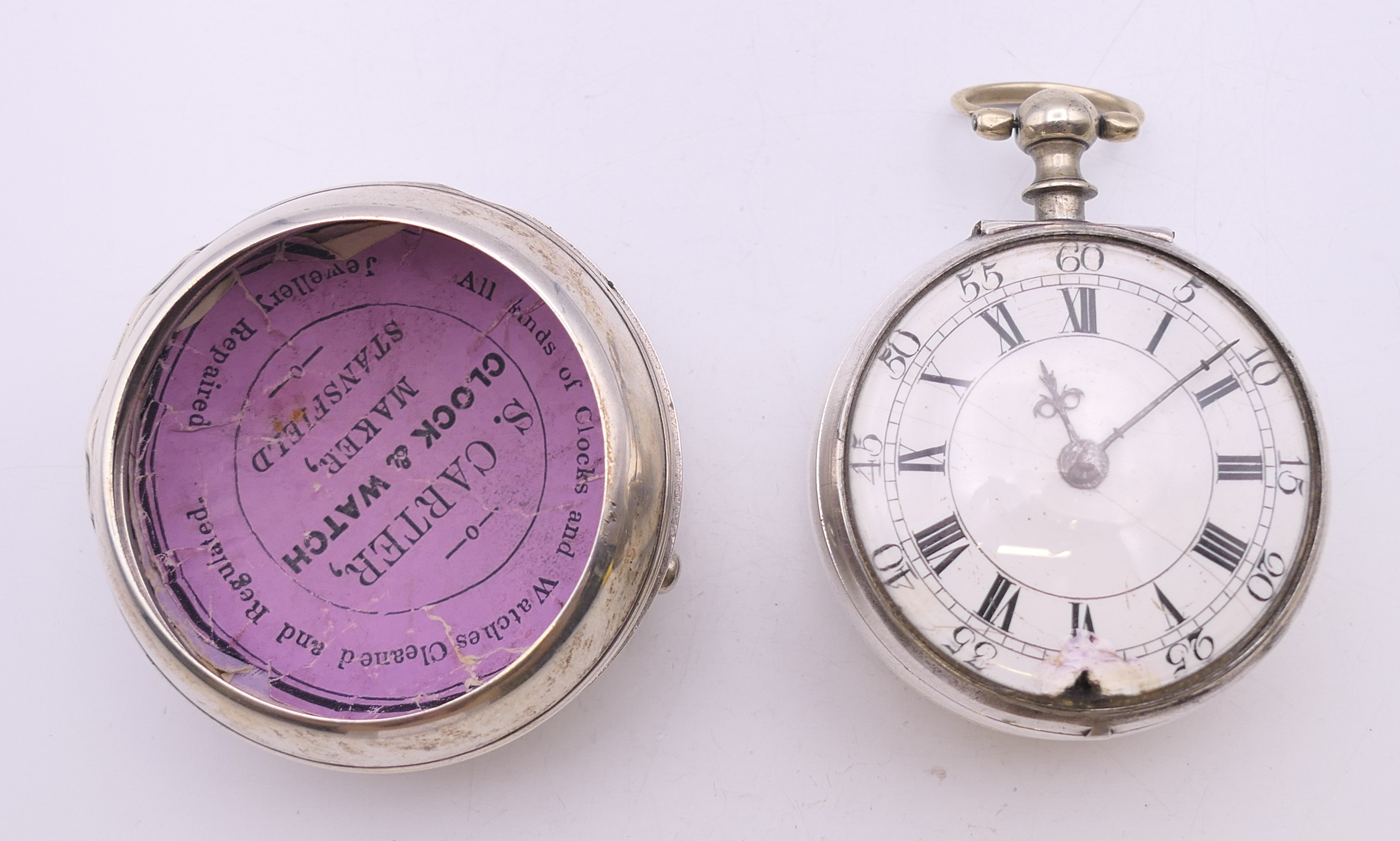 A silver pair cased pocket watch, movement marked Saml. Lingwood, Halesworth. 5.5 cm diameter. - Image 4 of 12