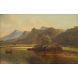 A Victorian oil on board, Fishermen on a Lake before a Mountainous Landscape,
