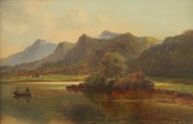 A Victorian oil on board, Fishermen on a Lake before a Mountainous Landscape,