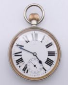 A silver plated Goliath pocket watch. 6.5 cm diameter.