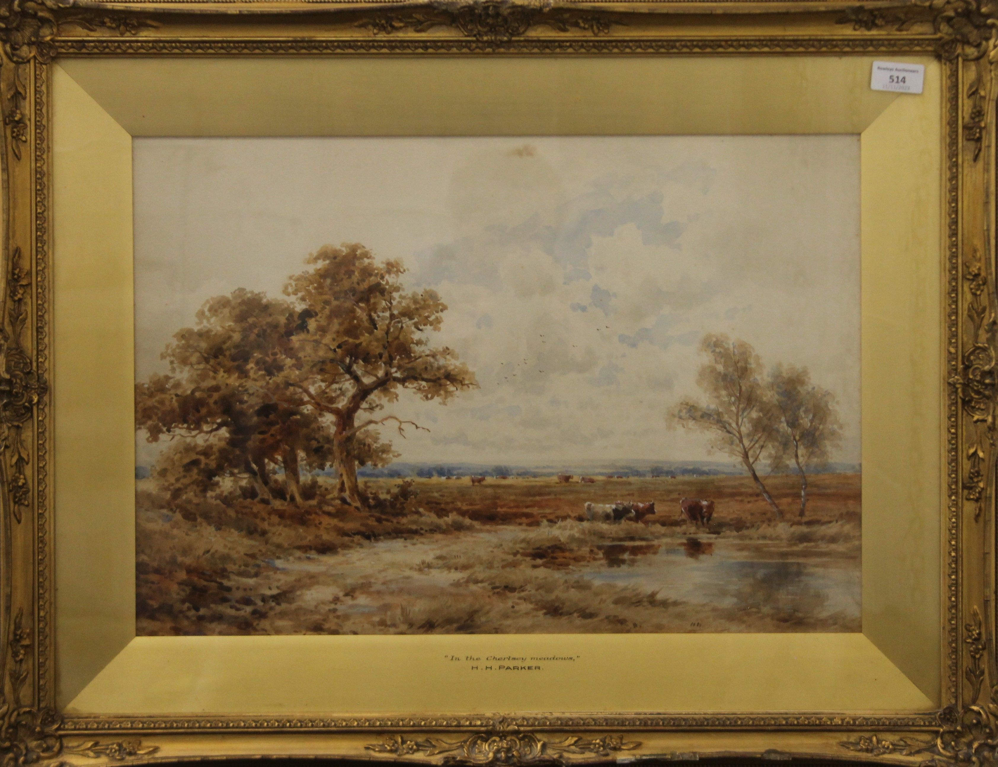 H H PARKER, In the Chertsey Meadows, watercolour, framed and glazed. 54 x 37 cm. - Image 2 of 2