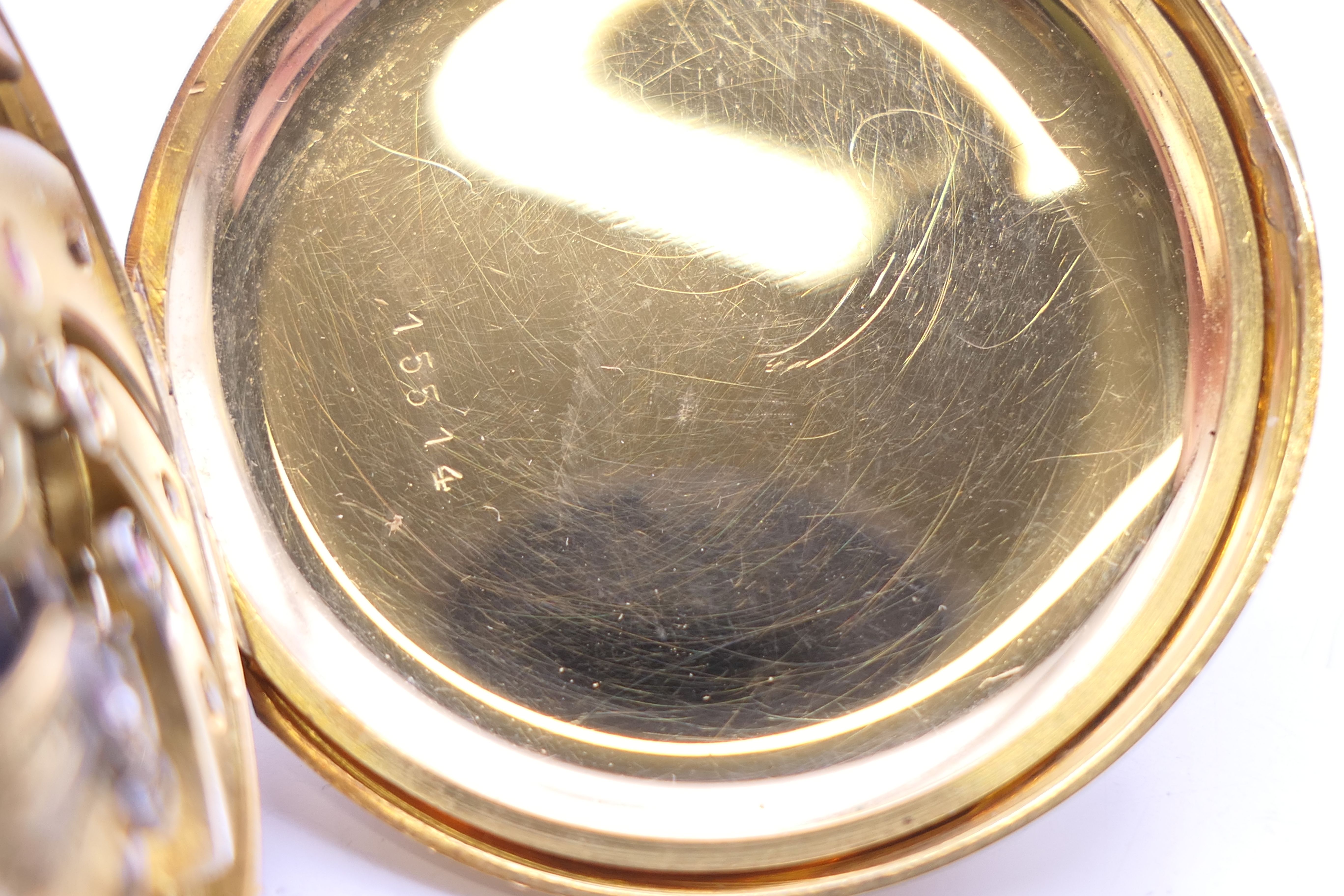 An 18 ct gold pocket watch with florally engraved dial, serial number 15514. 4.25 diameter. - Image 7 of 8