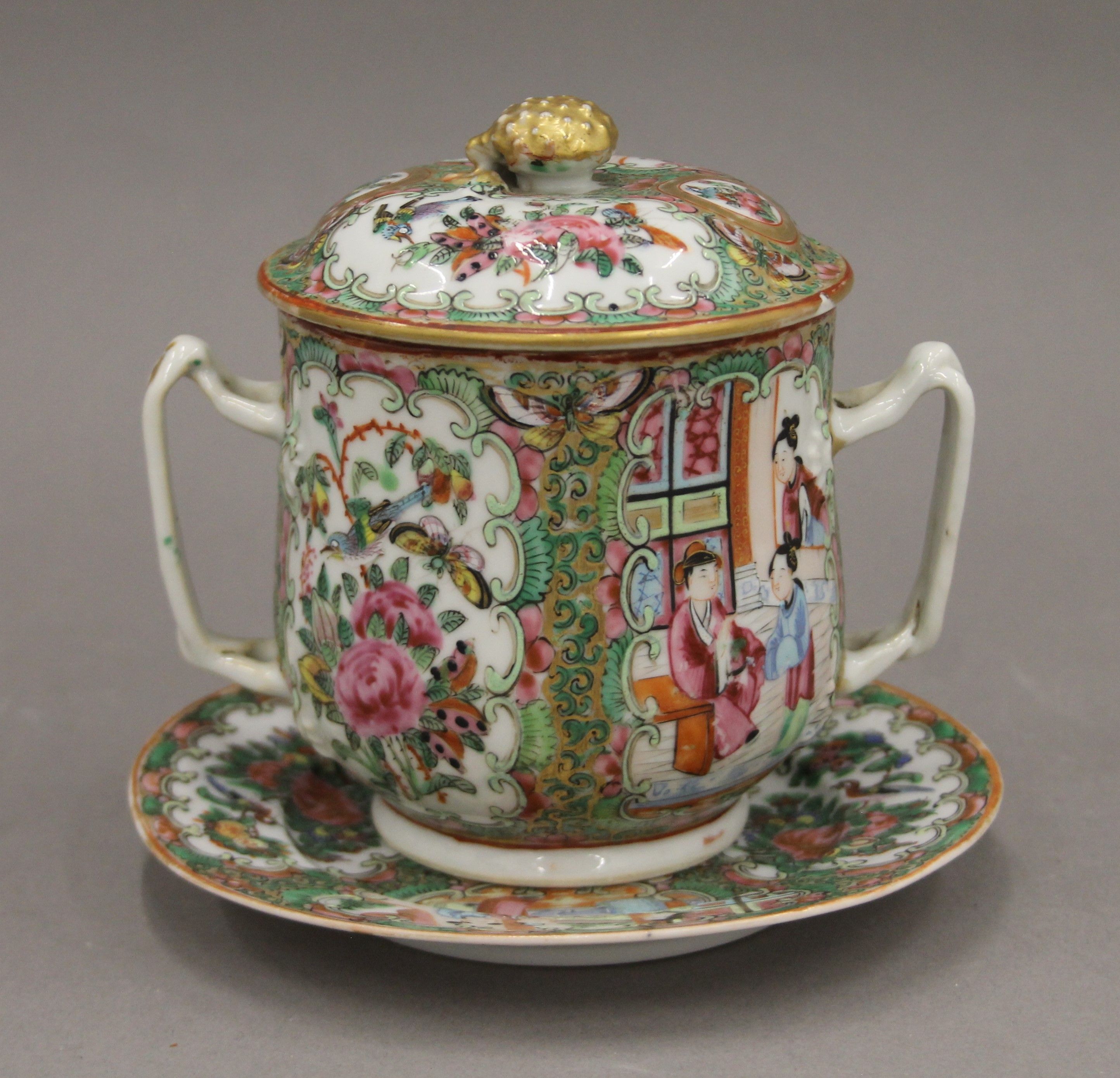 An 18th century Chinese famille rose porcelain tea caddy and a 19th century Canton porcelain twin - Image 7 of 14