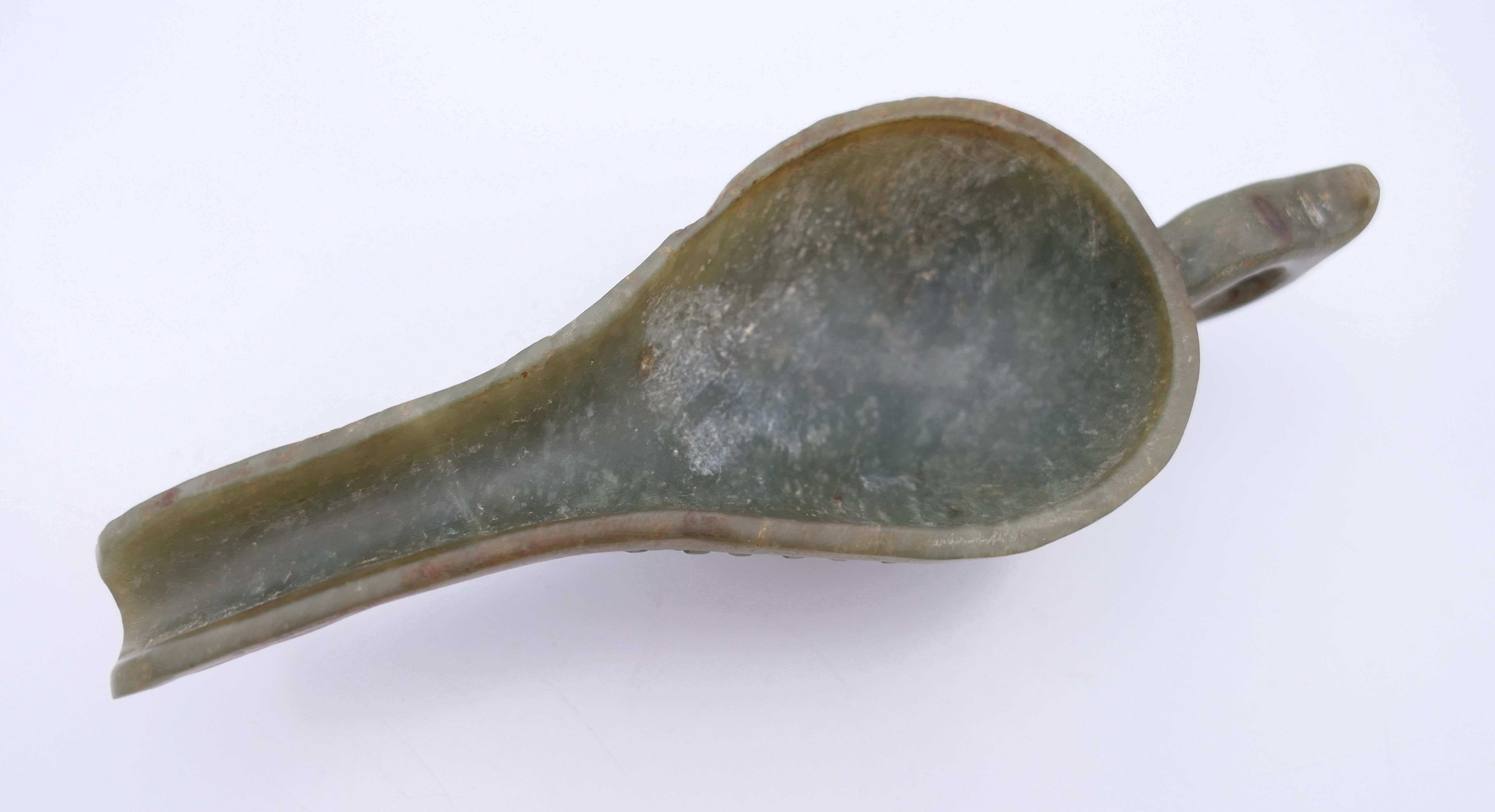 A Chinese green jade ceremonial wine cup, Eastern Han. 14 cm long. - Image 5 of 12