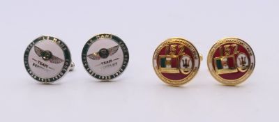 Two pairs of Motorhead cufflinks, Bentley and Maserati. Bentley cufflinks 1.75 cm diameter.