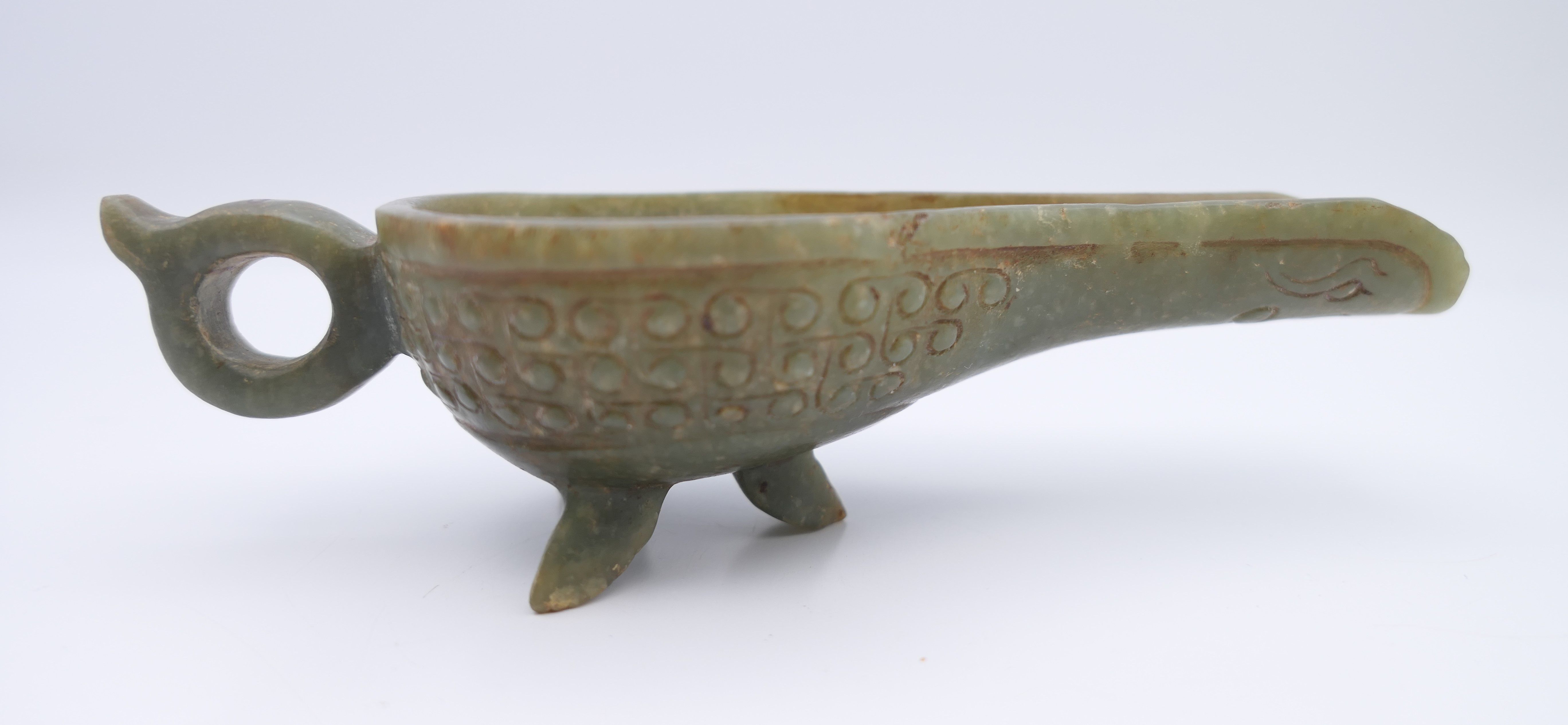 A Chinese green jade ceremonial wine cup, Eastern Han. 14 cm long. - Image 2 of 12