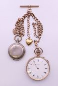 A 9 ct gold pocket watch on a 9 ct gold chain. 4.75 cm diameter, chain 35 cm long. The watch 78.