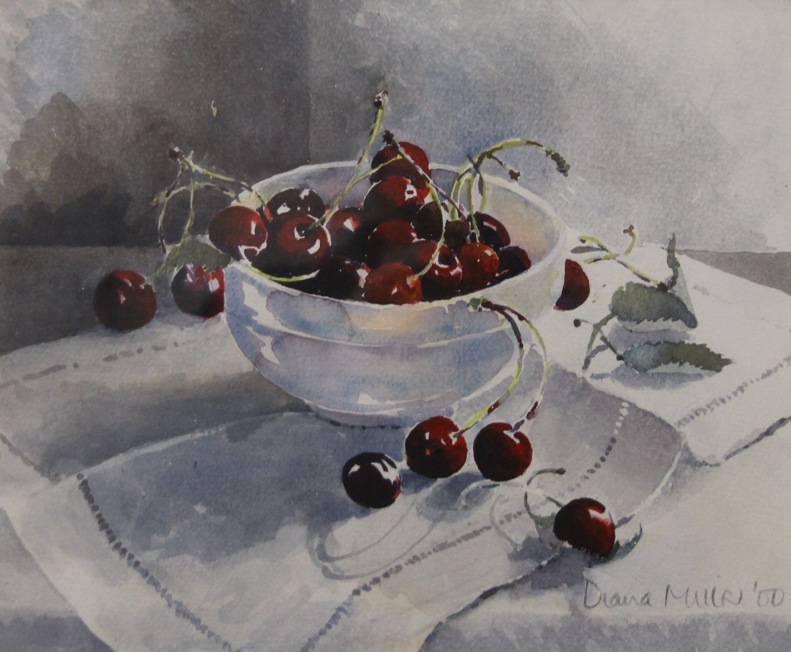 DIANA MILLER, Bowl of Cherries, watercolour, framed and glazed. 32 x 25.5 cm.