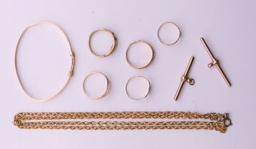 A quantity of various jewellery, including gold rings, two gold T-bars, etc. 12.6 grammes of gold.