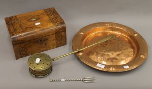 A Victorian walnut work box, a copper tray, etc. The box 29.5 cm wide.