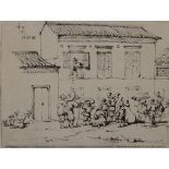 A print of Chinese People Throwing Food to the Poor, framed and glazed. 47.5 x 36.5 cm overall.