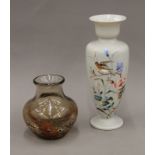 An Edwardian hand enamelled opaline vase painted with a bird amongst flowers,