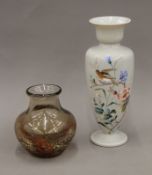An Edwardian hand enamelled opaline vase painted with a bird amongst flowers,