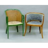 A green painted bergere chair and a tub chair. The former 52 cm wide.