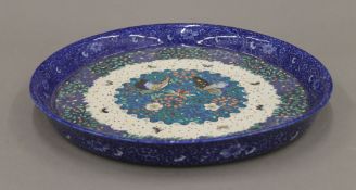 A late 19th century Japanese cloisonne and porcelain dish decorated in underglaze blue to edge,