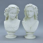 Two Victorian Parian busts of Ophelia and Miranda, impressed mark for W C Marshall, Copeland.