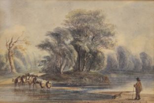 A 19th century watercolour of Cattle by a River, framed and glazed. 22.5 x 15 cm.