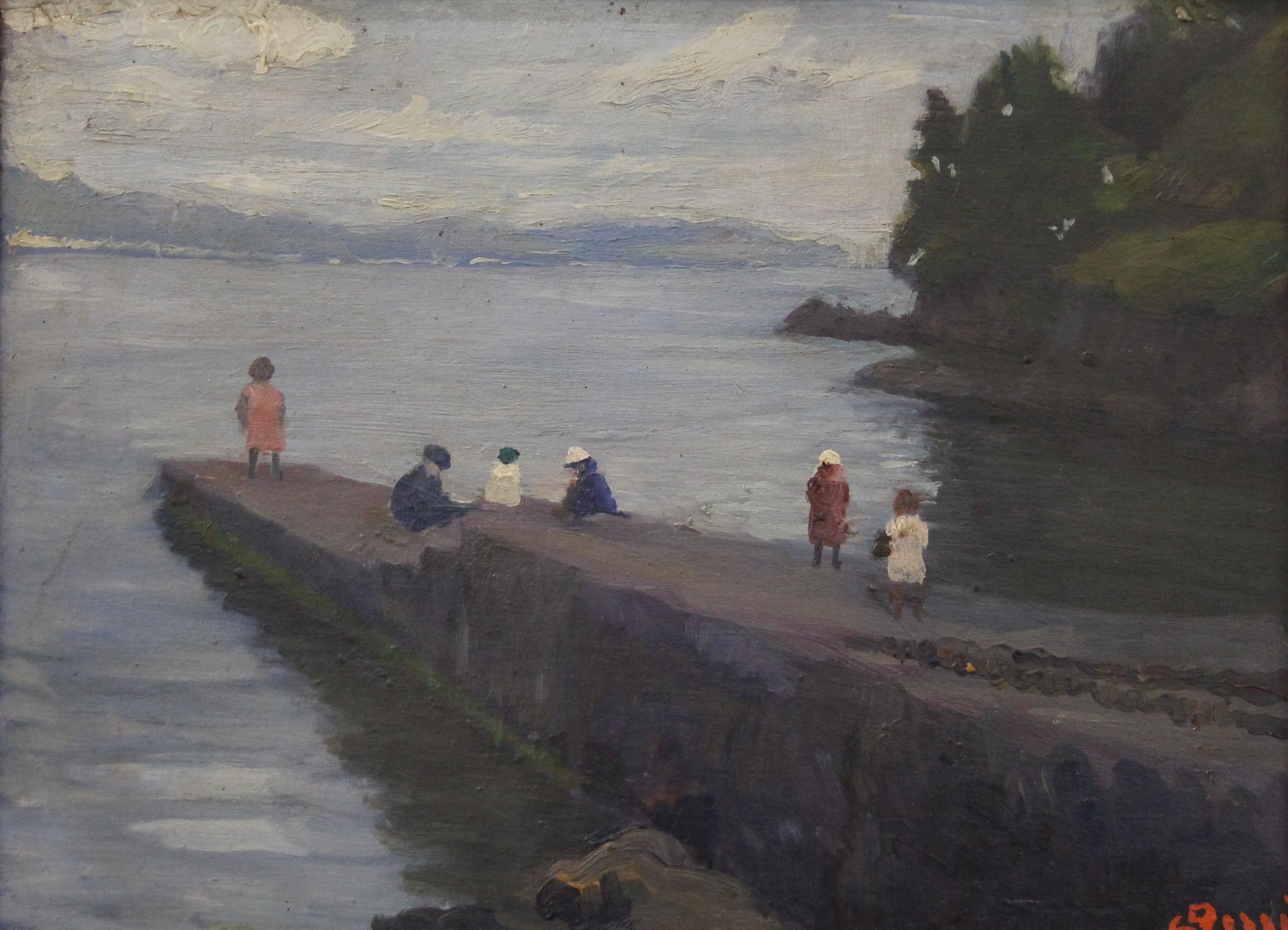 Children on Jetty, oil on board, indistinctly signed, framed. 31.5 x 23 cm.