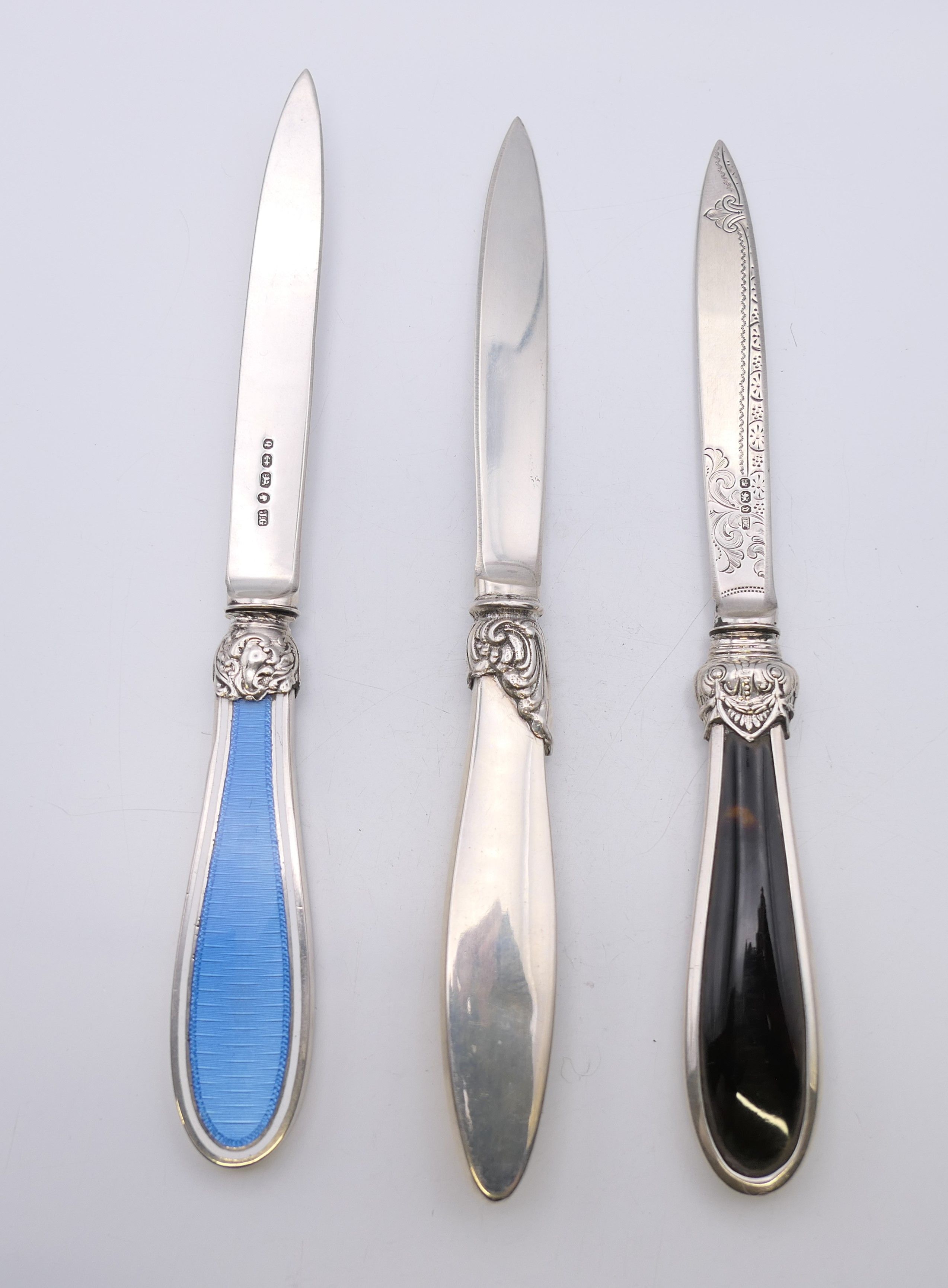 Three silver letter openers, two with enamel decoration and one with tortoiseshell. - Image 2 of 13
