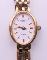 A 9 ct gold Rotary ladies wristwatch, boxed. 1.5 cm wide. 15.9 grammes total weight.