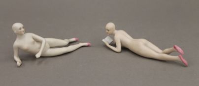 Two porcelain ladies. The largest 12.5 cm long.