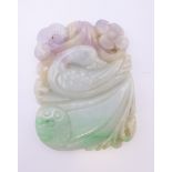 A Chinese green and lavender jade duck pendant, Qing Dynasty. 7 cm high.