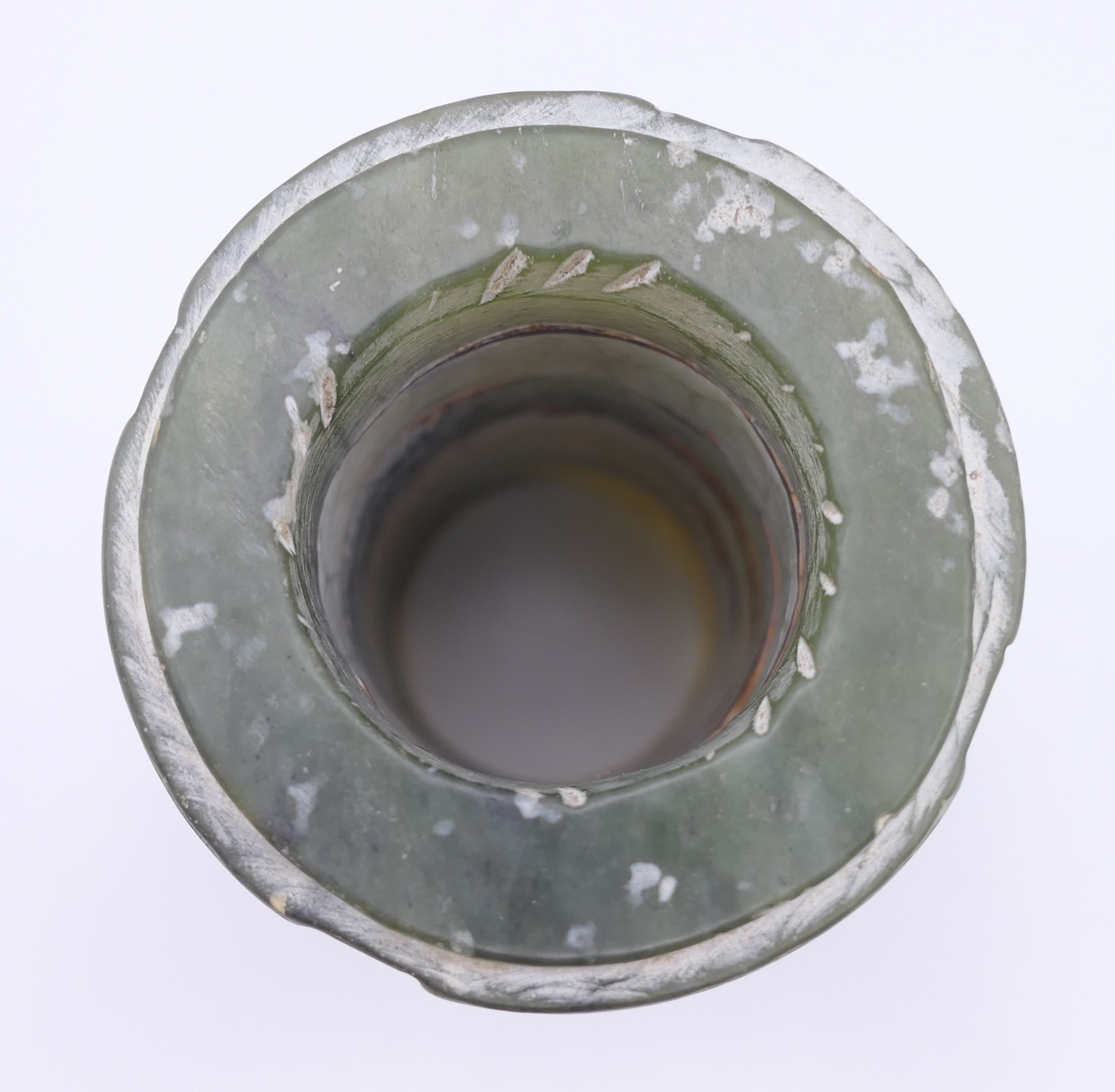 A Chinese green jade round sectional cong glued together, possibly with pine sap. 8 cm high. - Image 5 of 9