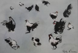 BELLA PIERONI, Hen Studies, watercolour and ink, framed and glazed. 39 x 26.5 cm.