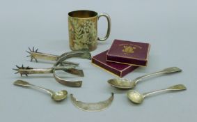 A small quantity of various silver and silver plate, including spoons, spirit label and spurs.