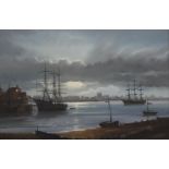 A large gilt framed oil painting of Sailing Ships in a Harbour and two further oil paintings of