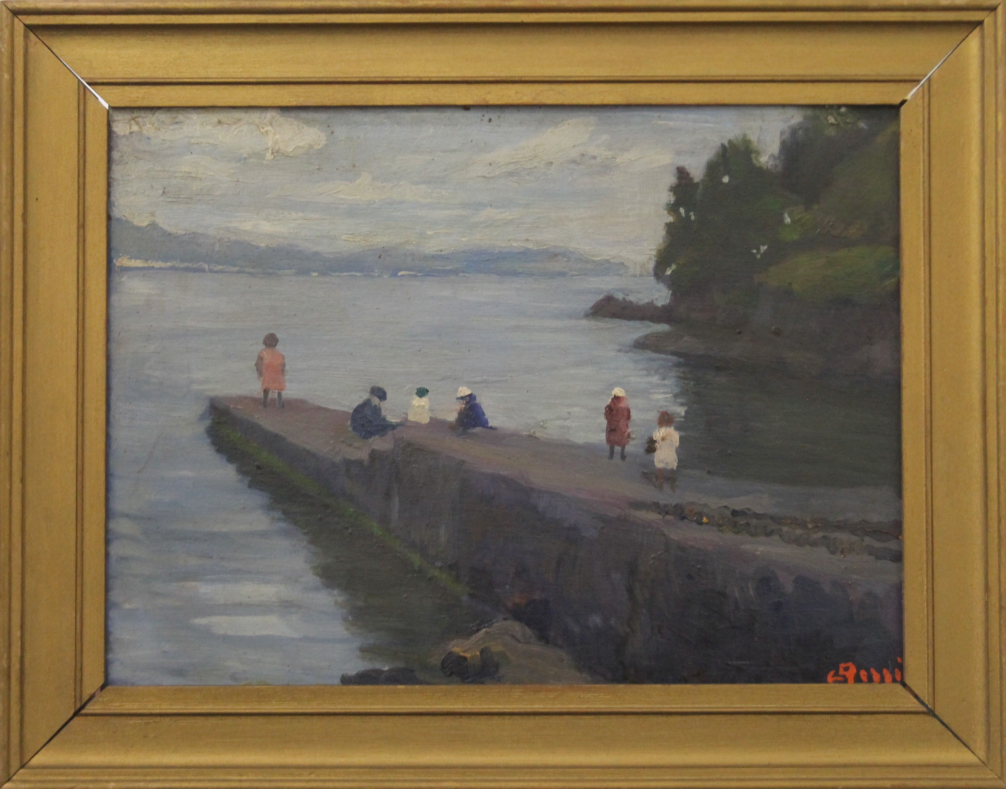 Children on Jetty, oil on board, indistinctly signed, framed. 31.5 x 23 cm. - Image 2 of 3