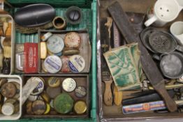 A large collection of shaving equipment, including cut throat razors, etc.