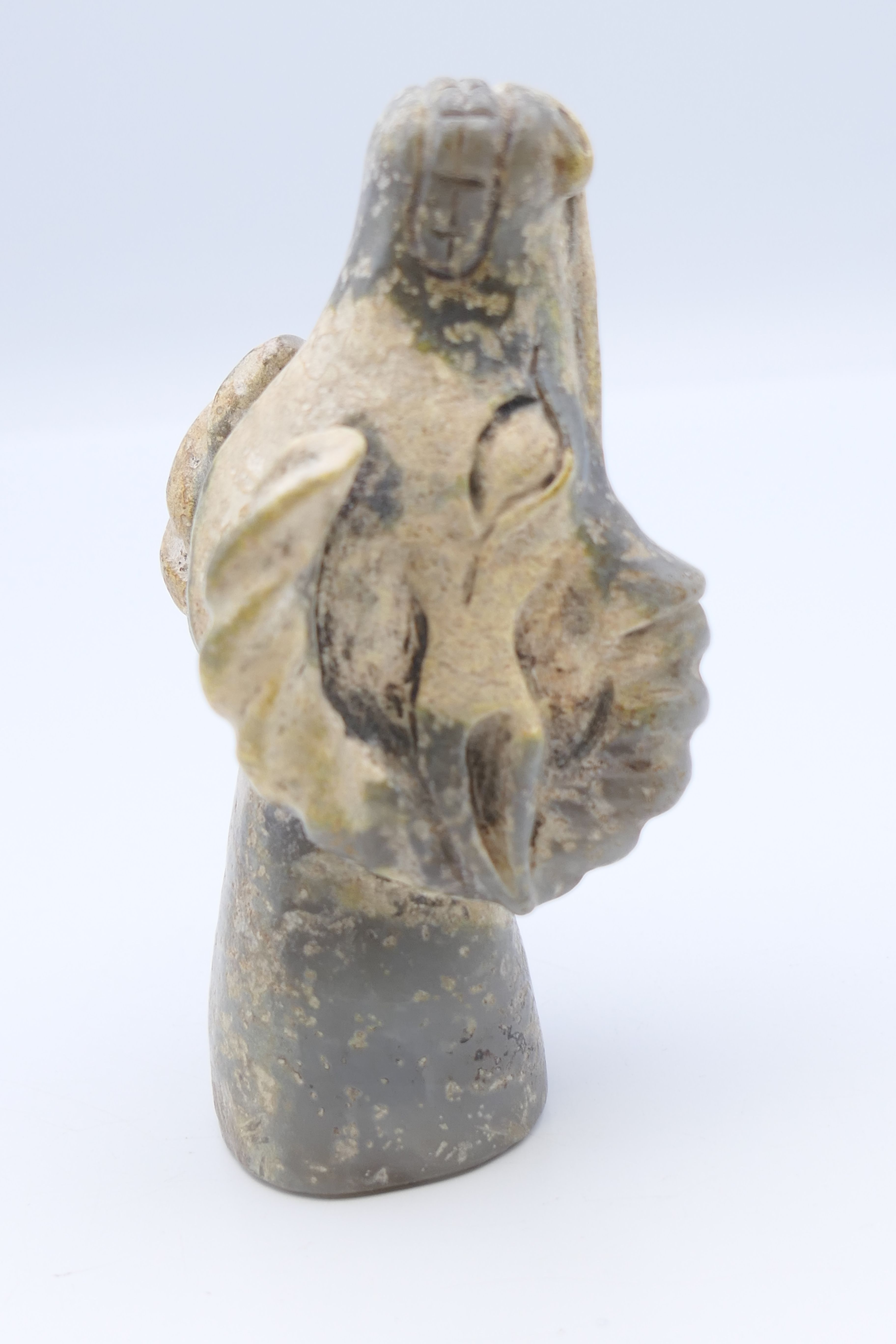 A Chinese white and grey jade rams head, Han Dynasty. 9.5 cm long. - Image 5 of 7