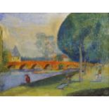 Two oil paintings by David Bartleet, After Seurat and a French River Scene, each framed and glazed.