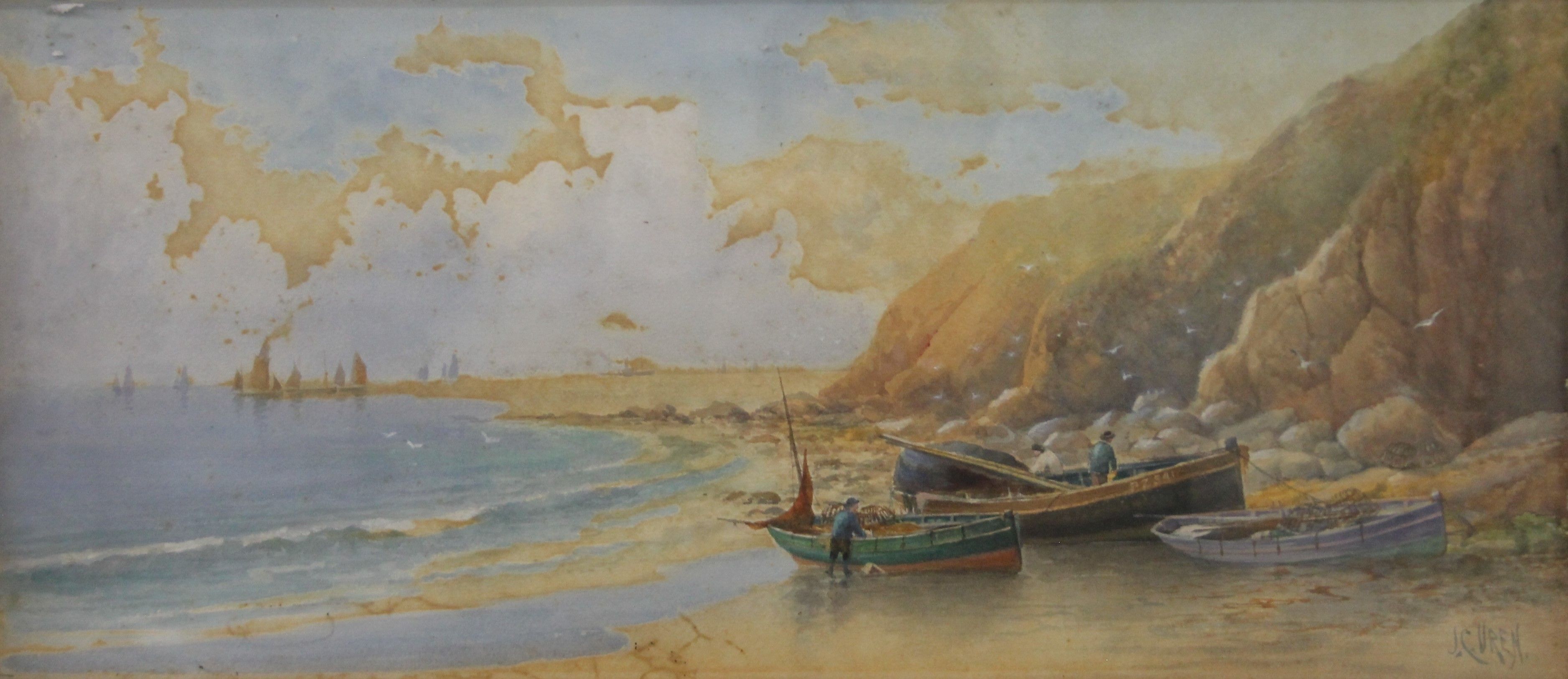 Beach Scene, watercolour, signed J C Uren, framed. 52.5 x 23 cm.