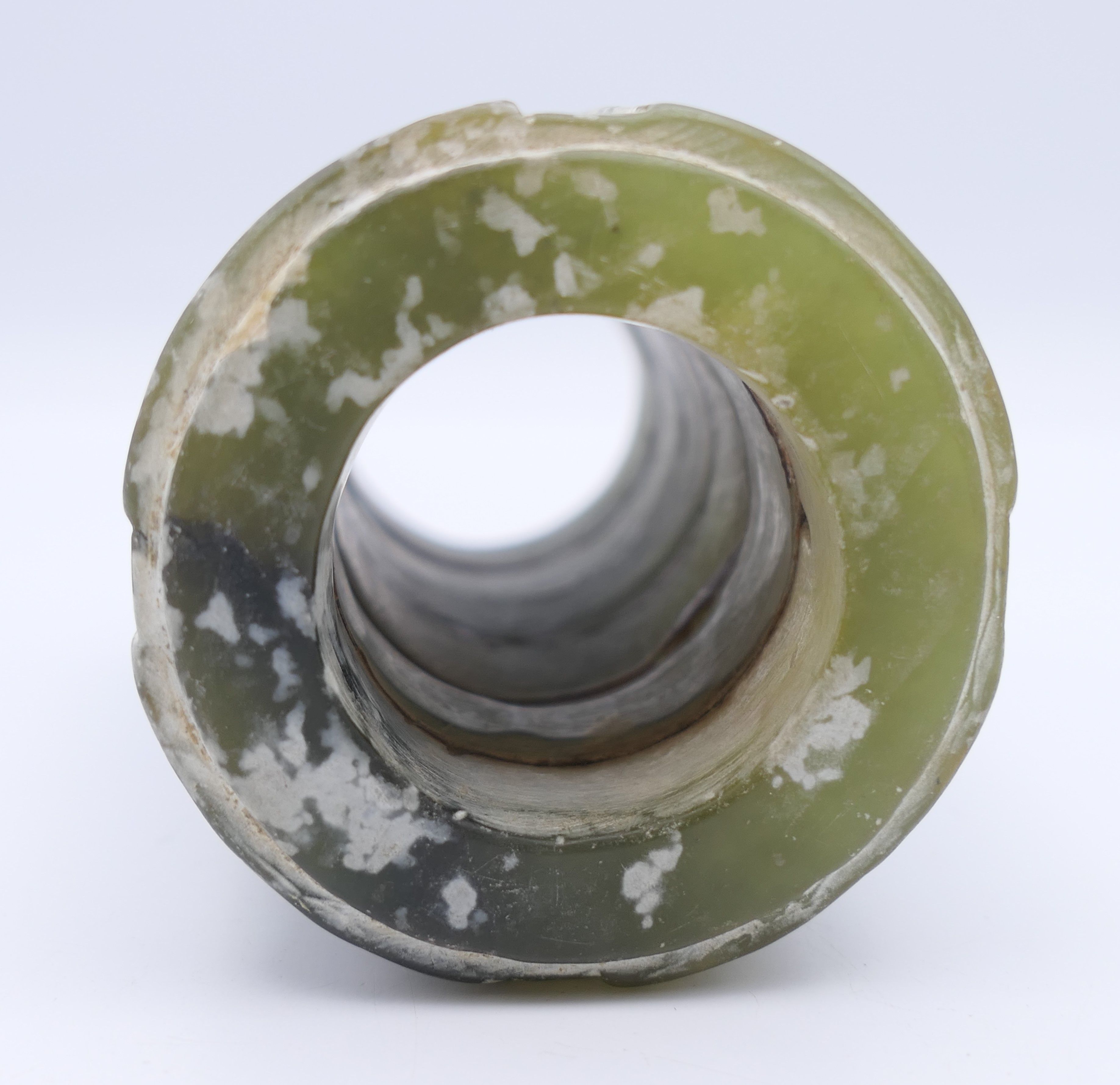 A Chinese green jade round sectional cong glued together, possibly with pine sap. 8 cm high. - Image 6 of 9