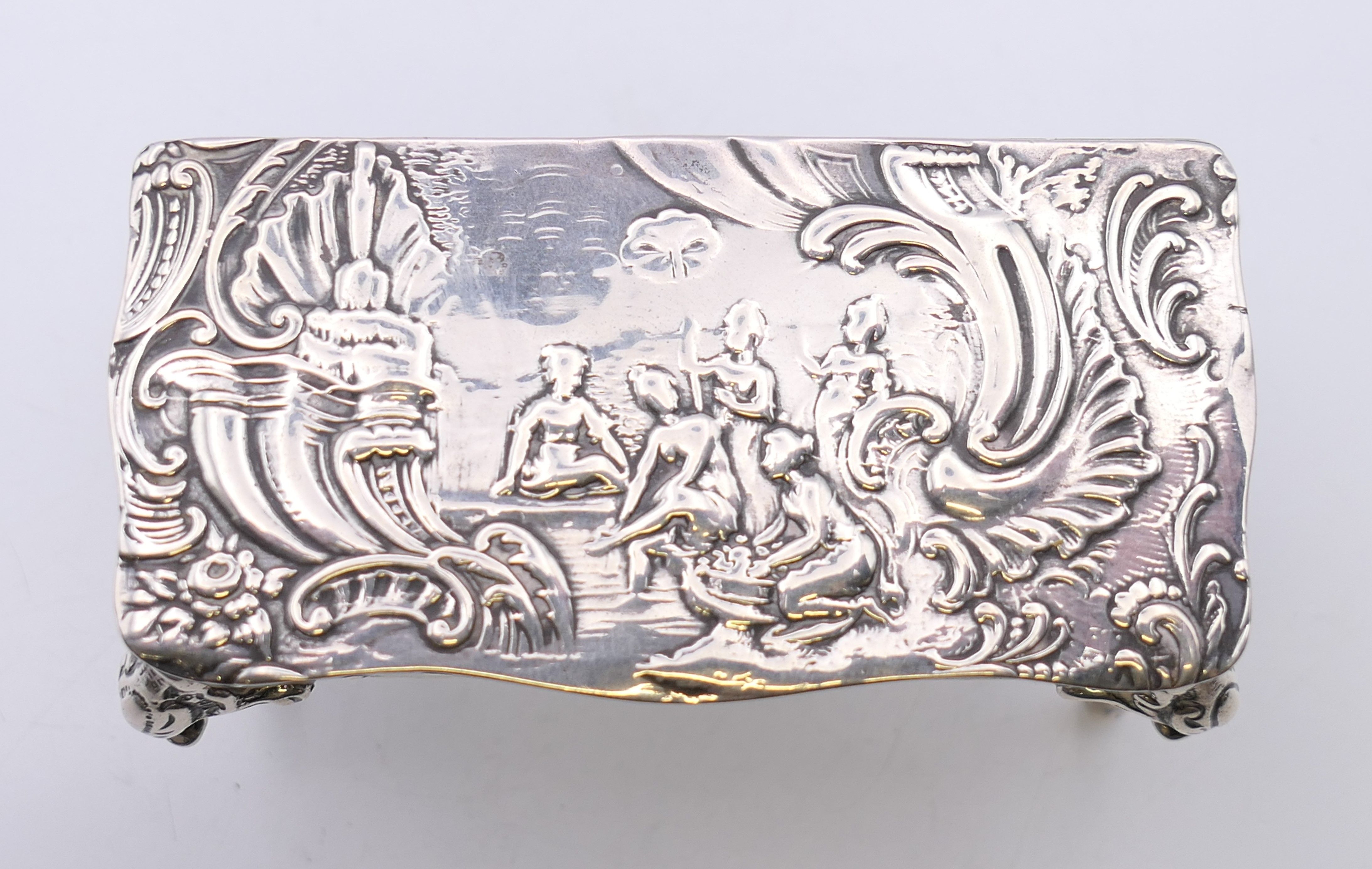 An embossed silver trinket box formed as a table, import marks for London 1899. - Image 2 of 11