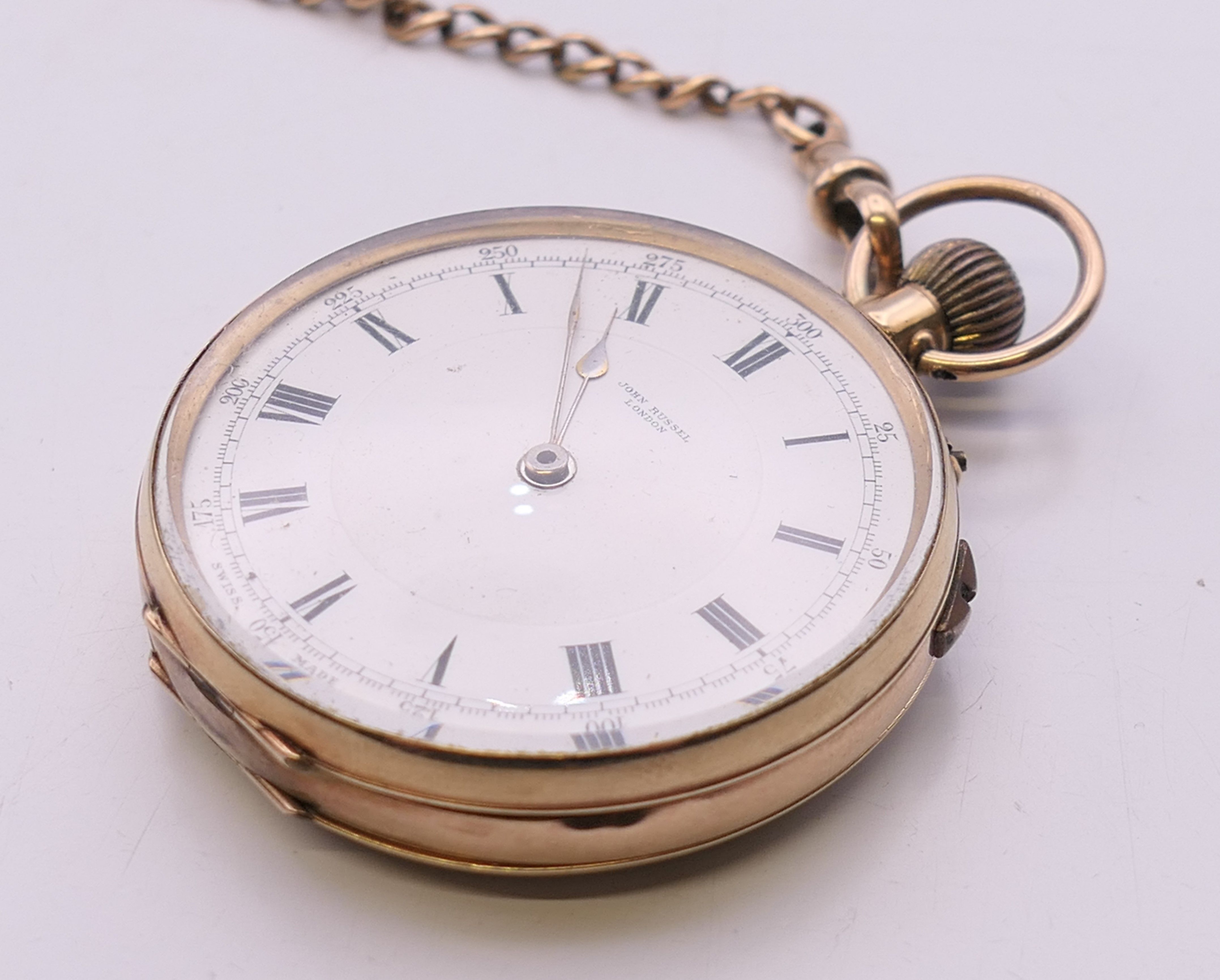 A 9 ct gold pocket watch on a 9 ct gold chain. 4.75 cm diameter, chain 35 cm long. The watch 78. - Image 4 of 17