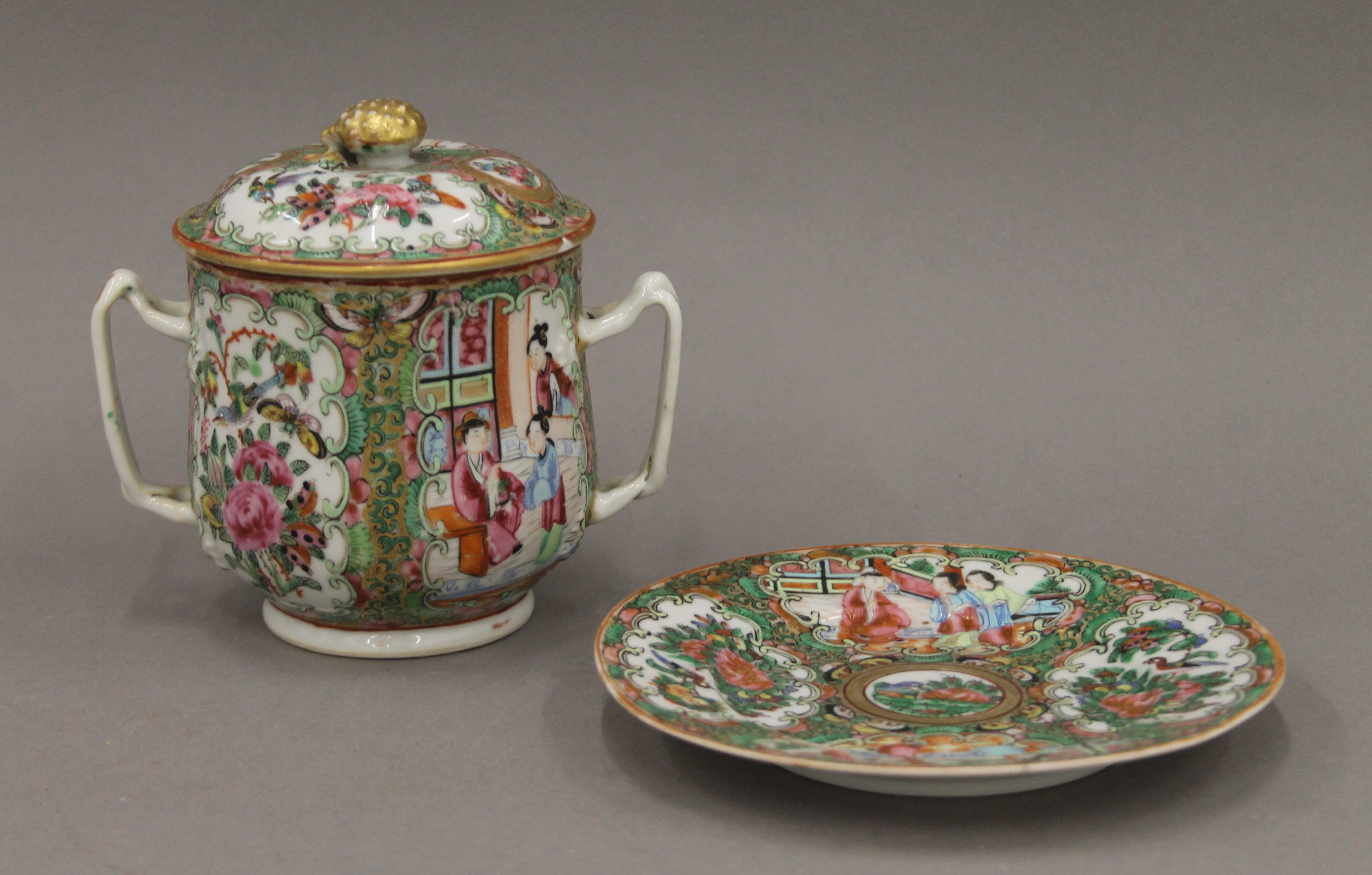 An 18th century Chinese famille rose porcelain tea caddy and a 19th century Canton porcelain twin - Image 9 of 14