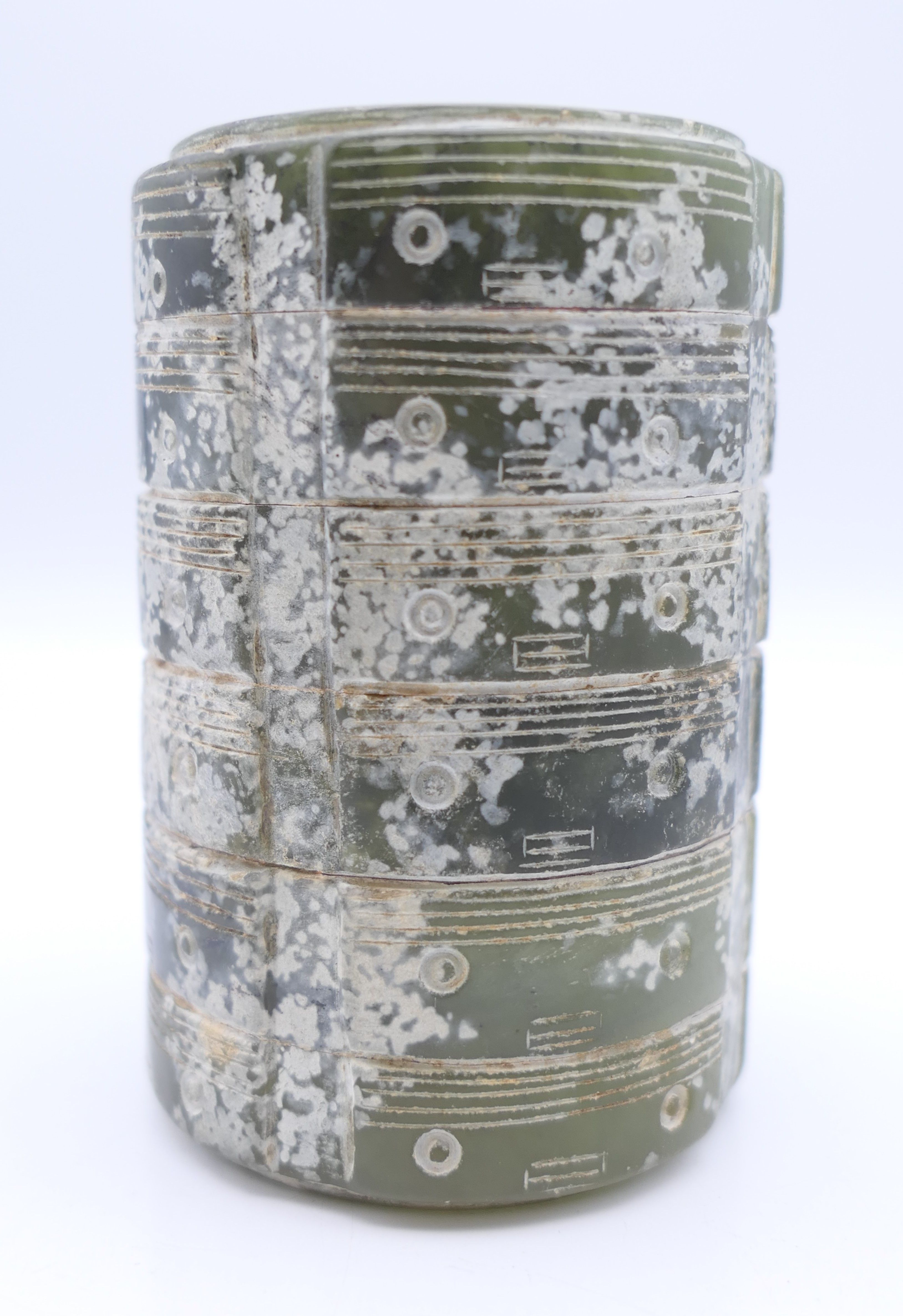 A Chinese green jade round sectional cong glued together, possibly with pine sap. 8 cm high. - Image 3 of 9