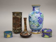Five pieces of Chinese and Japanese cloisonne. The largest 17.5 cm high.