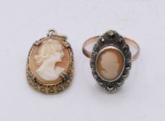 A 9 ct gold and silver cameo ring and a cameo pendant. Ring size K. Pendant 2 cm high.