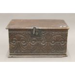 An 18th century carved oak Bible box. 60.5 cm wide.
