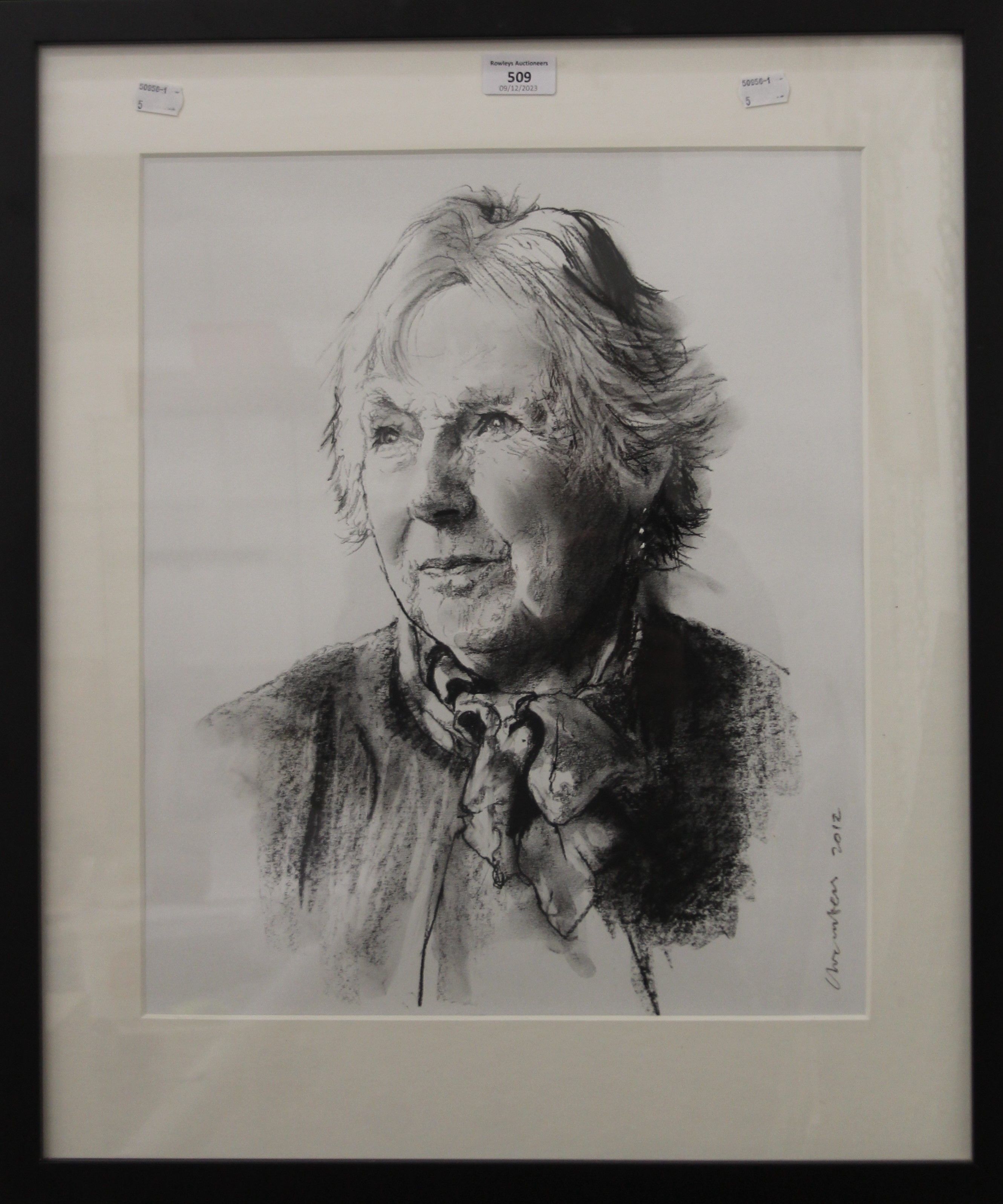 DEREK CHAMBERS, A Portrait of Jean Bartleet, charcoal, signed and dated 2012, framed and glazed. 37. - Image 2 of 3