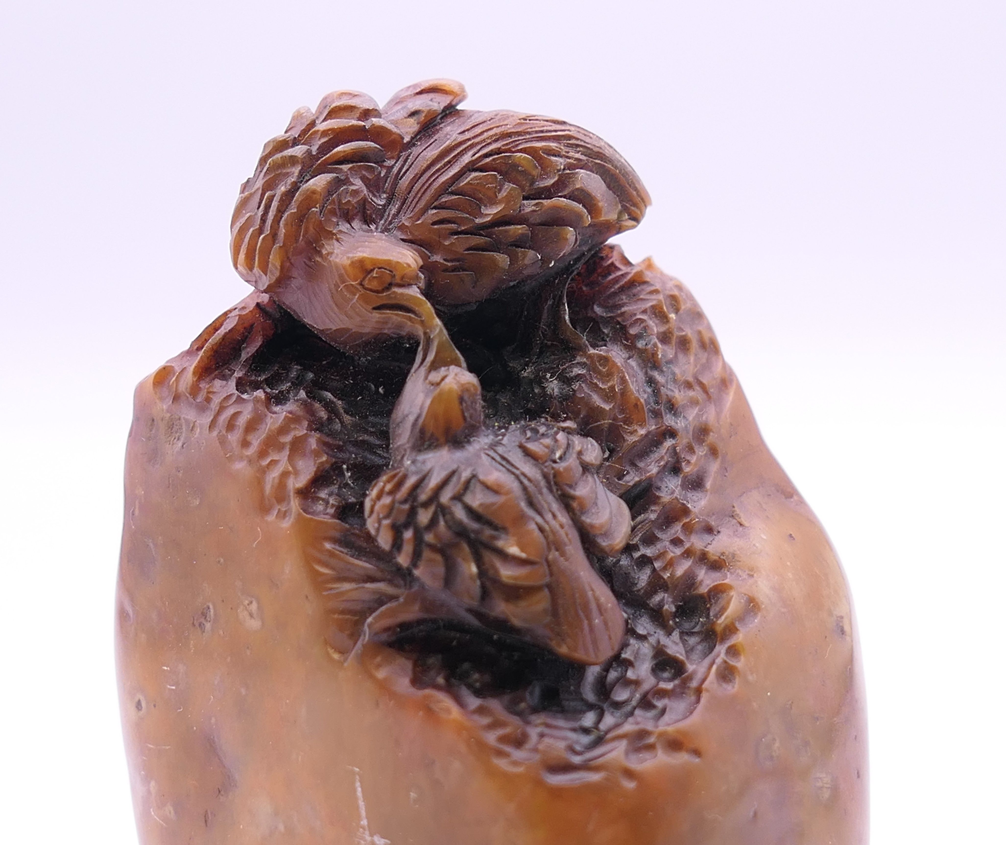 A Chinese soapstone seal carved with birds. 8 cm high. - Image 2 of 5