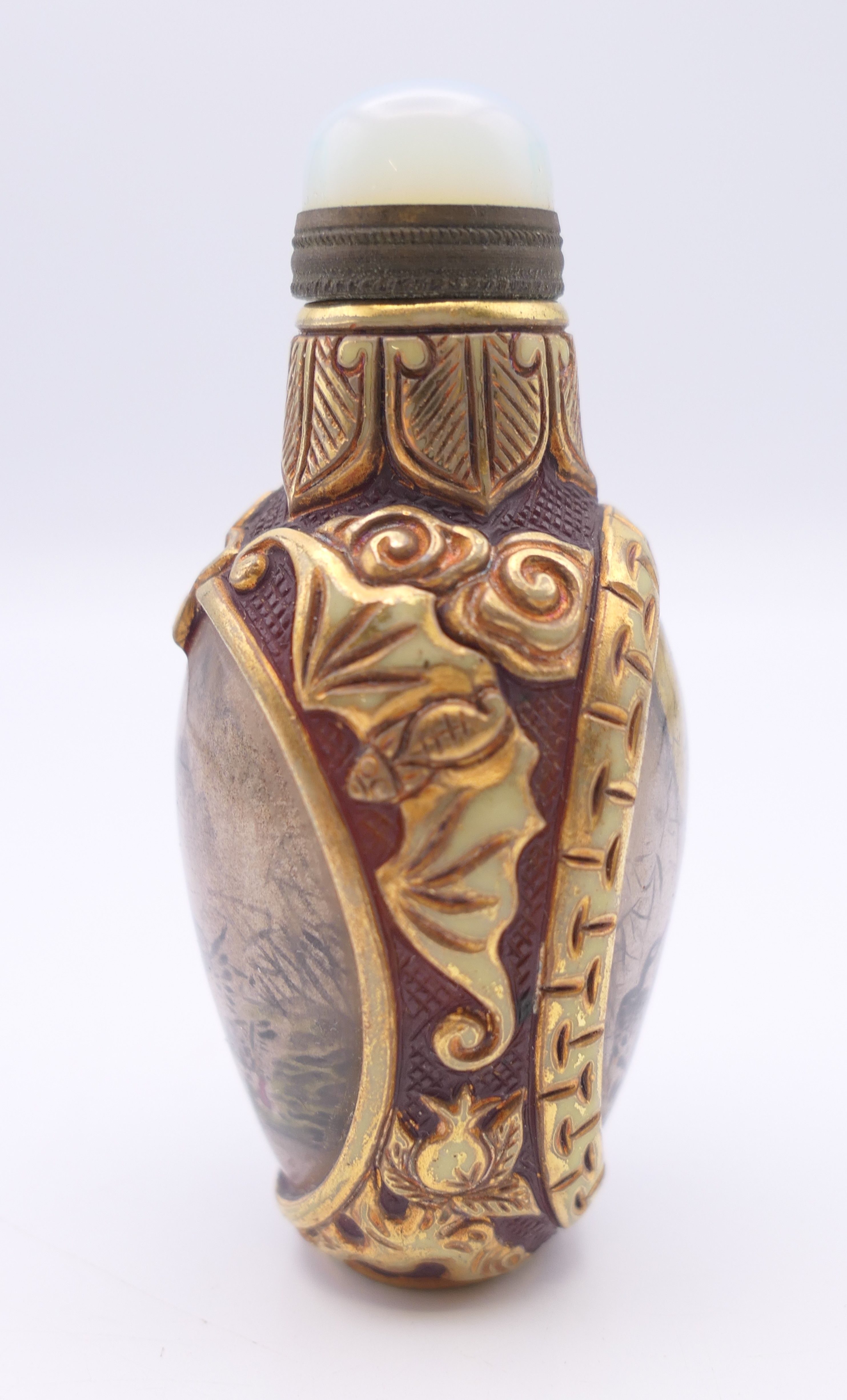 A Chinese gilded glass snuff bottle, inside painted duck scenes, artist Ding Erzhong, - Image 4 of 11