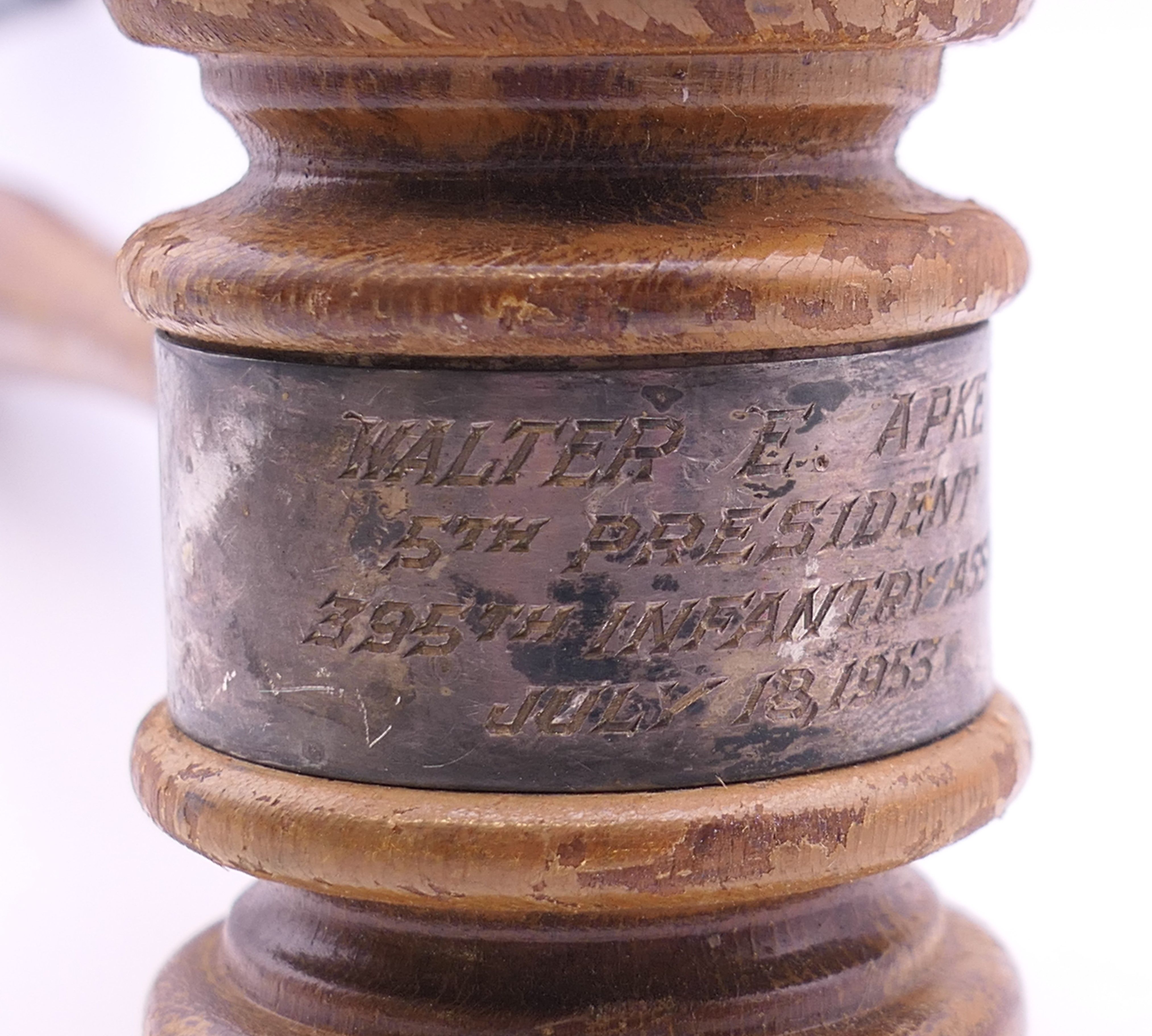 A gavel with silver collar inscribed Walter E Apke, 5th President, 395th Infantry Ass'n. - Image 4 of 4