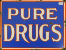 A 'Pure Drugs' enamel sign. 37.5 cm wide.