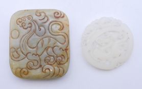 Two jade carvings. One 5.5 x 6.5 cm, the other 5 cm diameter.