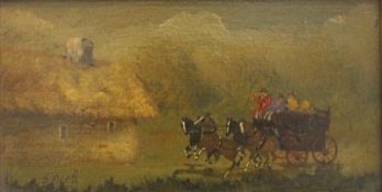 A pair of Naive oils on panel, Coaching Scene and a Hunting Scene, each Saleh, each framed. 16.